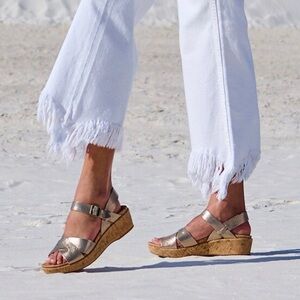 Kork-Ease Gold Cork Wedge Leather Upper Sandals 6